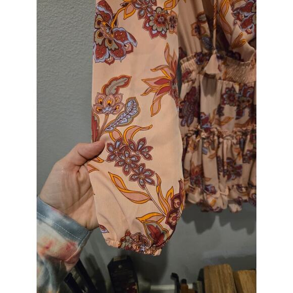 Misa Los Angeles XS Pink Floral Midi Dress Party Cocktail Long Sleeve - Picture 3 of 9